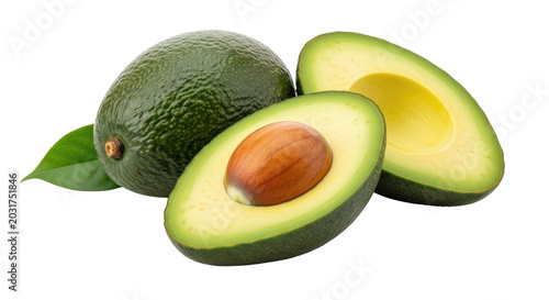 Фотография Fresh avocado halves with intact whole avocado and green leaf, showcasing vibran