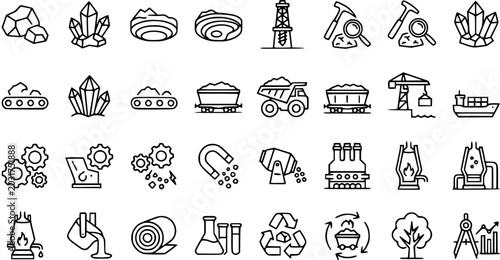 Photos Mining and Metallurgy Icons Set - Black  White Line Art Symbols for Resource Ext