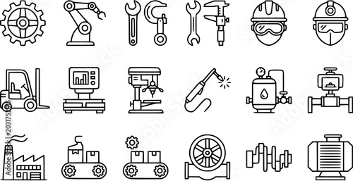 Foto Industrial Manufacturing and Engineering Equipment Line Art Icons Set