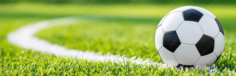 Fototapeta premium Close-Up of Classic Soccer Ball on Lush Green Grass with Relaxing Blur Background and Defined White Line in Outdoor Sports Field Environment