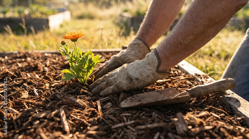 Fototapeta premium Gardening hands planting orange marigold in raised garden bed soil during sunset, spring growth concept