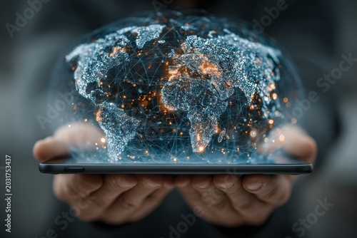 businessman holding android tablet, analyzing digital space satellite model, futuristic hologram technology concept