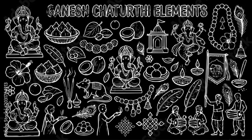 Foto Ganesh Chaturthi Hindu Festival Elements Black and White Line Art Vector Set