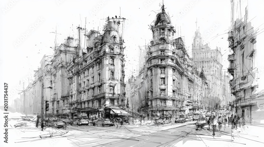 Fototapeta premium Parisian Streetscape: A dynamic pencil sketch captures a bustling Parisian intersection, featuring ornate architecture, vintage cars, and pedestrians, evoking a sense of timeless European charm.