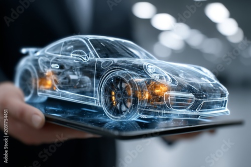 Futuristic transparent car showcasing intricate design elements, glowing wheels, positioned on sleek surface, highlighting advanced automotive technology and innovation in modern vehicle engineering