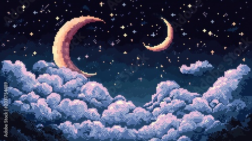 Pixel Art Night Sky with Crescent Moons, Clouds, and Stars
