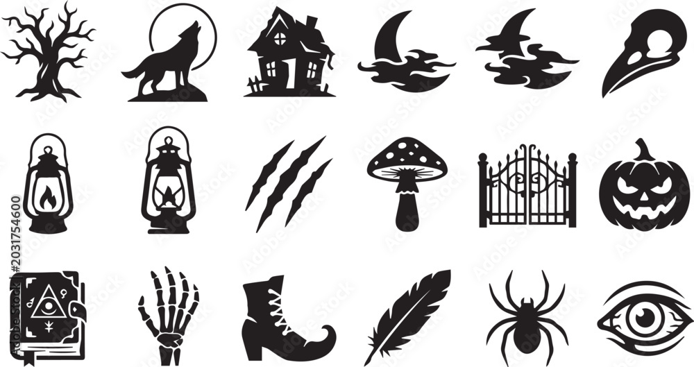 Fototapeta premium Halloween Spooky Werewolf Night Silhouette Icon Vector Illustration Set