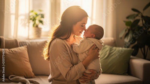 A tender moment as a loving mother holds her newborn baby close, their noses touching in a warm, sunlit home.