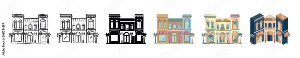 Obraz premium Building facade shopfront palm trees street lamps icons set in various styles vector illustration