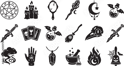 Foto Witchcraft Occult Magic and Esoteric Silhouette Icon Vector Illustration Set