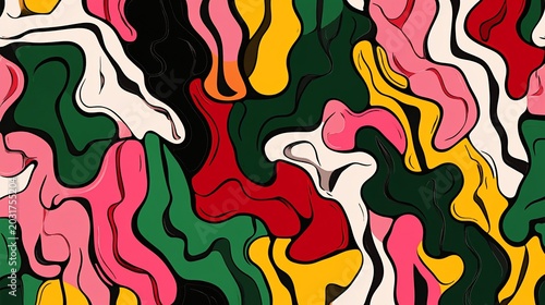 Vibrant Abstract Organic Shapes Seamless Pattern, Psychedelic Swirls, Retro Color Palette