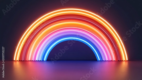Vibrant Neon Rainbow Arch Glowing in Dark Studio with Reflective Surface