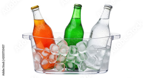 Three colored bottled drinks with ice cubes in a clear plastic container orange soda green