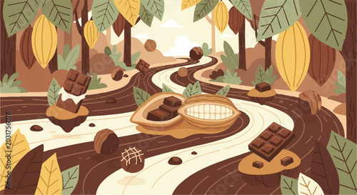 Chocolate river scene with cocoa pods and bars illustration