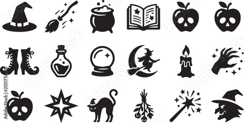 Foto Halloween Witchcraft and Magic Silhouette Icon Vector Illustration Set