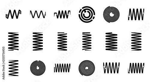 Spring icon set and mechanical coil symbols on white background.