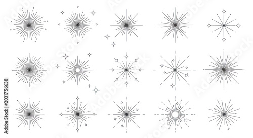Set of hand drawn celestial sunburst and starburst line art icons.