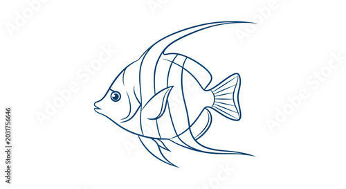 Schilderij op canvas Minimalist blue line art illustration of a tropical angelfish on a white backgro