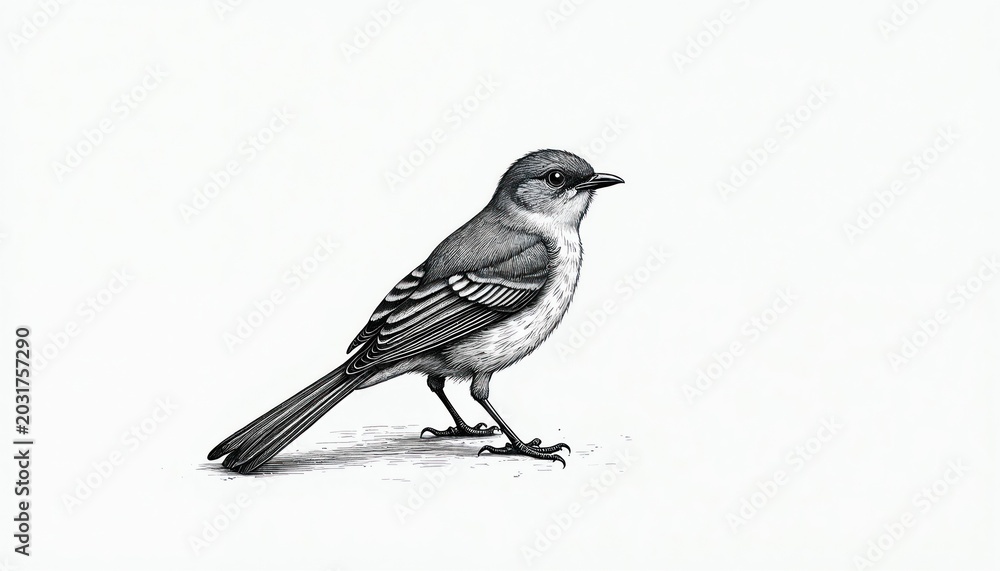 Obraz premium Detailed line art illustration shows small bird facing right with intricate feather detail. Isolated on white background, this avian creature is depicted in profile with delicate lines.