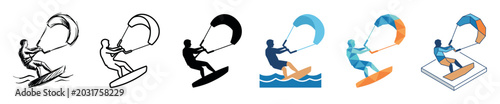 Kitesurfer riding board with kite in various styles, including sketch, outline, silhouette, flat, low poly, and isometric vector illustration set