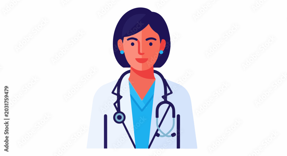 Fototapeta premium Flat vector illustration of a female doctor wearing a stethoscope