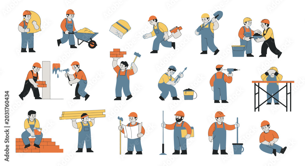 Fototapeta premium Construction Industry Workers Flat Vector Illustration Set: Building, Tools, and Materials