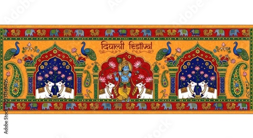 Vibrant Indian Festival Banner with Lord Krishna and Cows.