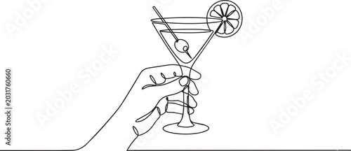 Martini glass, cocktail illustration, hand holding glass, line art, drink icon