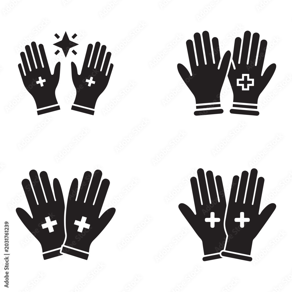 Fototapeta premium Medical gloves with crosses on white background four pairs of black medical gloves with white crosses on palms in different positions