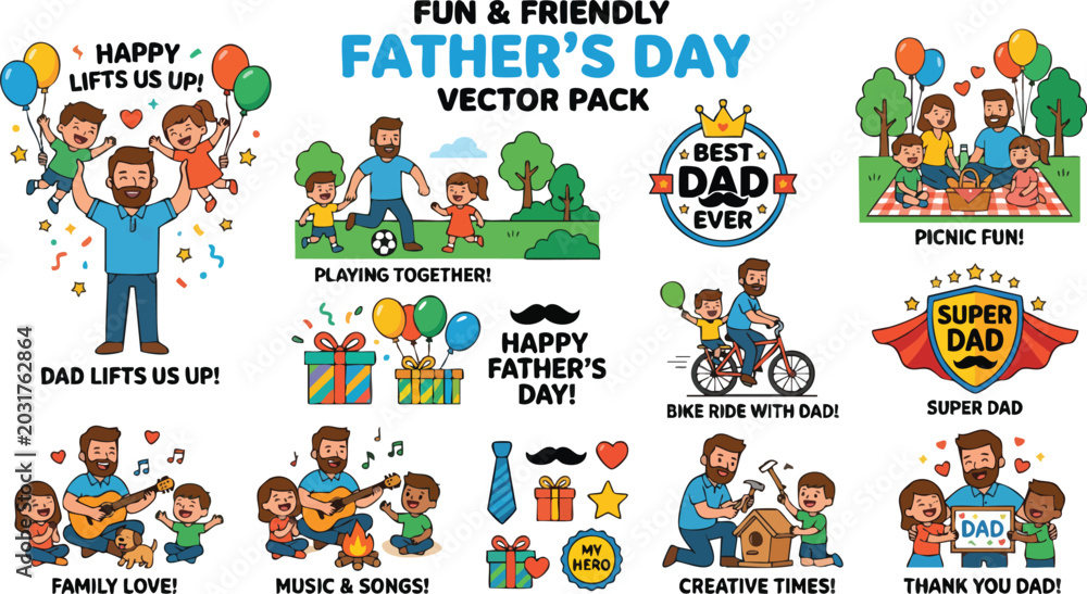 Fototapeta premium Father's Day continuous line art vector pack with father and son illustrations
