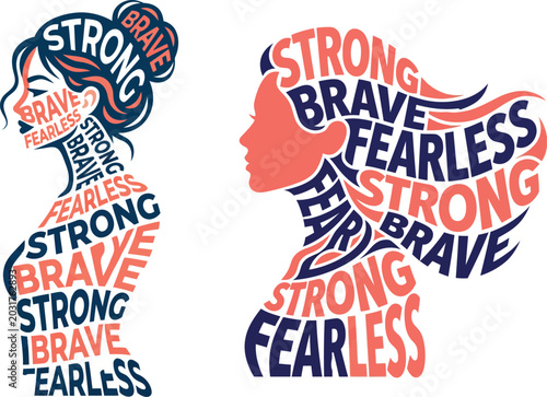 Foto Empowering woman silhouette typography vector, strong brave fearless text art, f