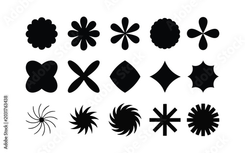 Abstract black geometric floral shape icon set collection isolated on white background
