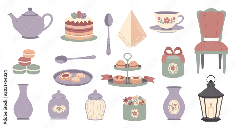 Fototapeta premium Afternoon Tea Party Flat Design Elements - Teapot, Cake, Cupcakes, Macarons, Chair, Lantern
