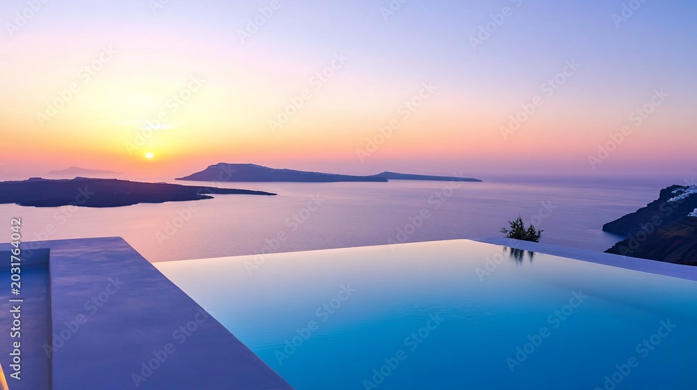 Obraz premium Luxury infinity pool overlooking Santorini caldera at sunset, Aegean Sea, Greece