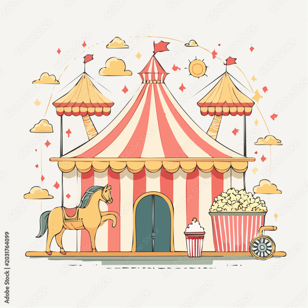 Obraz premium Circus Tent with Horse and Popcorn Illustration