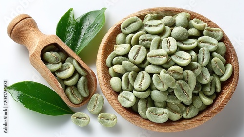 Overhead white background shot of green unroasted coffee beans in wooden bowl and scoop, scattered beans and green leaves, emphasizing fresh and natural. 