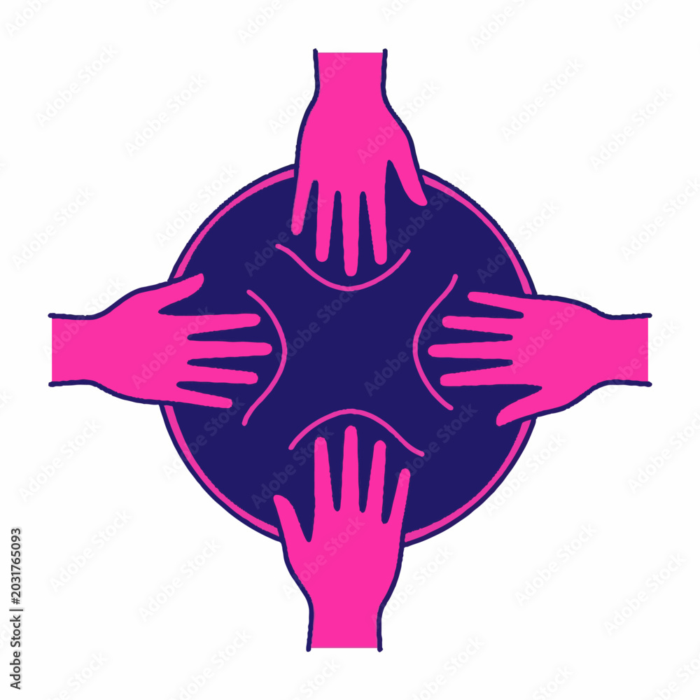 Obraz premium Four pink hands symmetrically arranged around a dark blue circle in a minimalist vector illustration, depicting collaboration and connection.