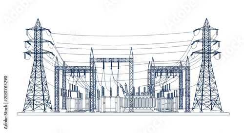 Electrical Substation and Power Lines Outline Vector Illustration
