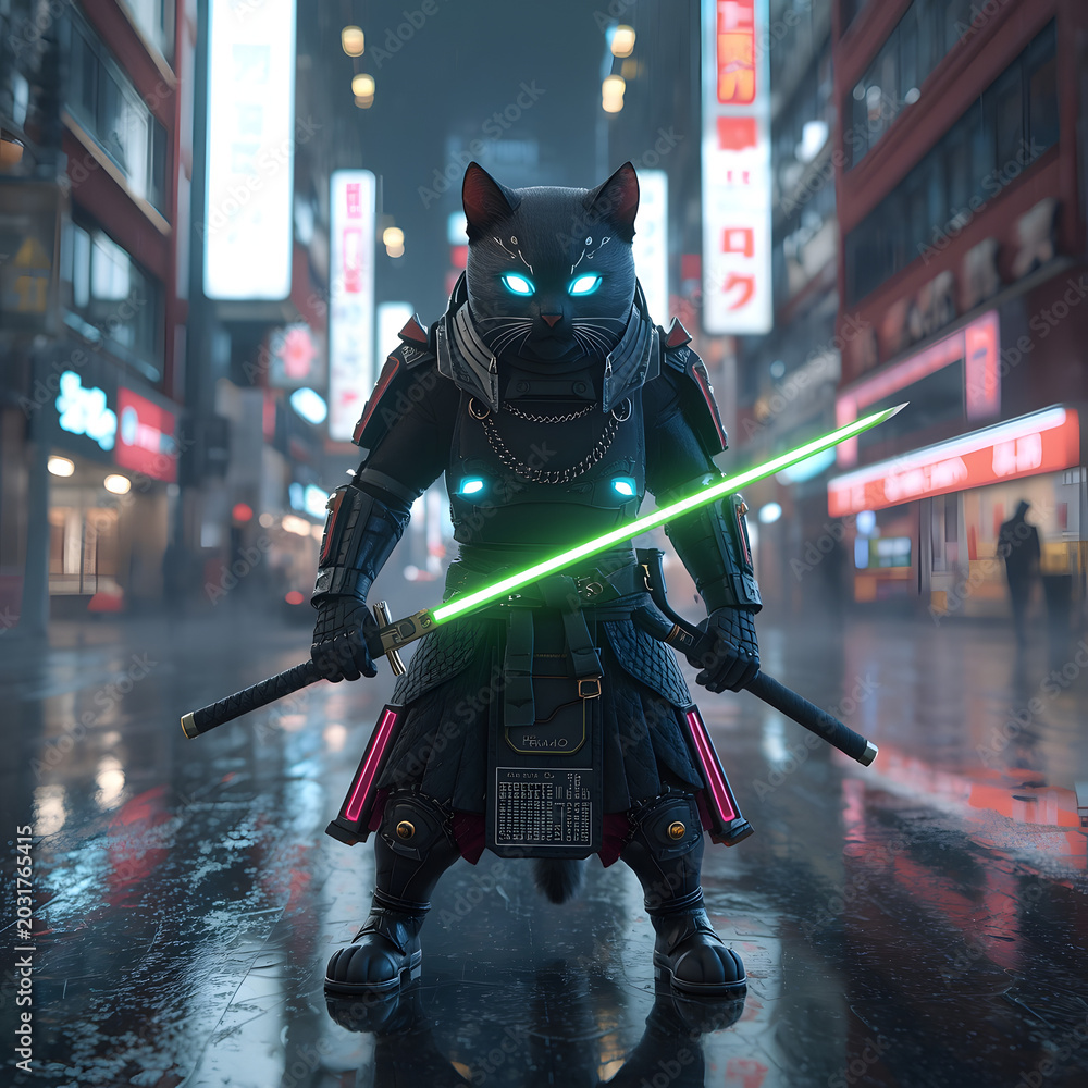 Naklejka premium Cyberpunk Samurai Cat Warrior in Neon Tokyo Street