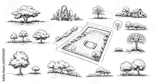 Hand Drawn Landscape and Park Clipart Set