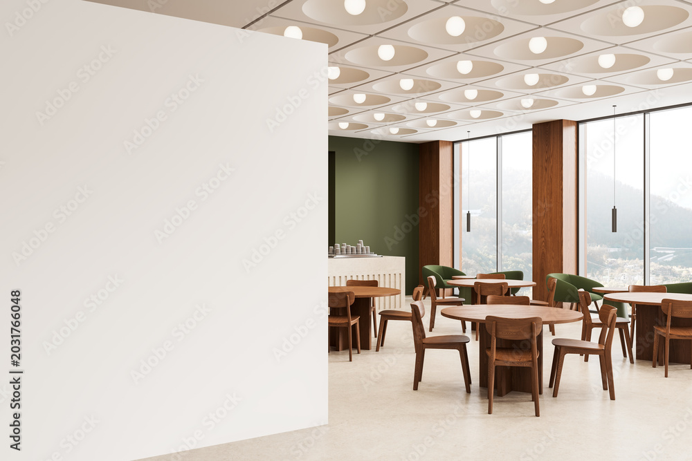 Fototapeta premium Modern cafe interior with wooden tables, green accents, panoramic windows, geometric ceiling lights, and minimalist wall view. 3D Rendering