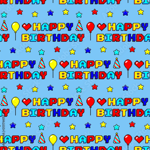 Pixel art happy birthday seamless pattern with colorful balloons, hearts, stars and party hats. Retro 8 bit gaming style background perfect for celebrations, wrapping paper and festive designs.