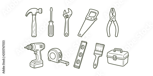 Hand-drawn construction tools and home repair equipment elements doodle set vector illustration