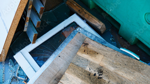 Konstfotografi Construction waste, debris and garbage discarded on a public city street