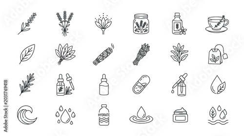 Bild auf Leinwand Collection of line art icons representing natural remedies, herbs, and wellness products