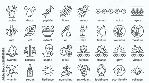 Collection of skincare and beauty icons representing ingredients, benefits, and processes for healthy skin.