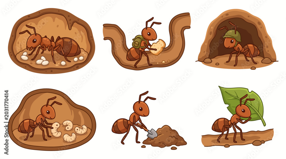 Fototapeta premium Ants digging and working together in their underground tunnel system with eggs and food.