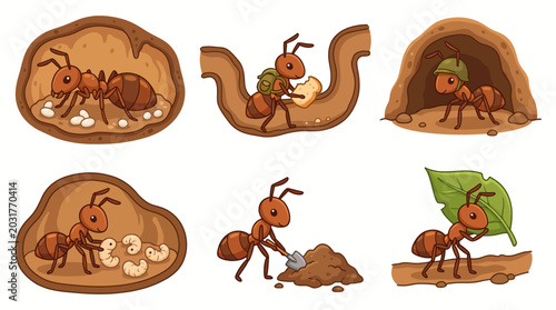 Ants digging and working together in their underground tunnel system with eggs and food.