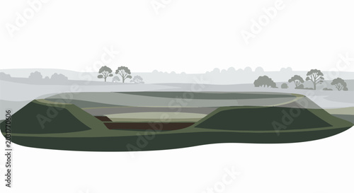 Muted, abstract depiction of rolling green hills and distant, silhouetted trees