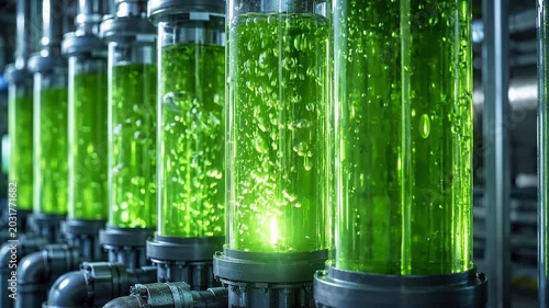 Industrial bioreactor tubes green algae reactor columns and tubes illustrating industrial decarbonization renewable fuel production sustainable